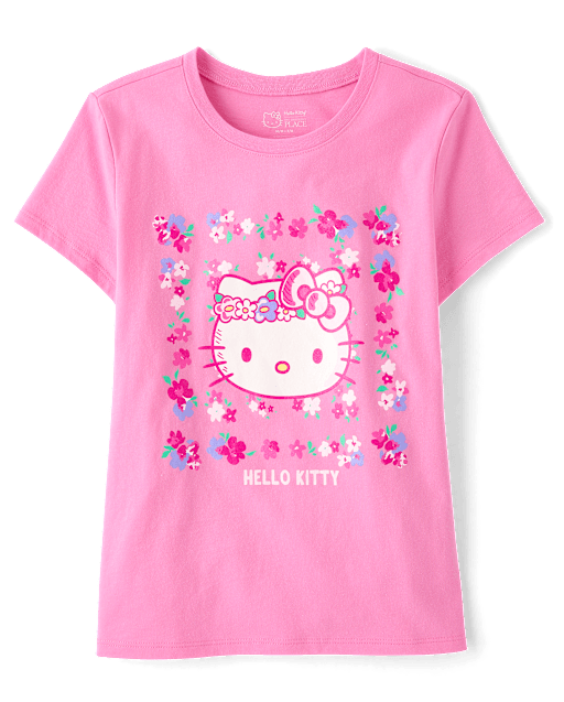 Girls Short Sleeve Hello Kitty Glitter Floral Graphic Tee - PINK