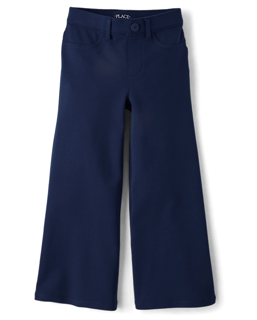 Girls Uniform Ponte Knit Pull On Wide Leg Pants - Blue