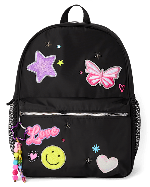 Girls Embroidered Patch Backpack - Black
