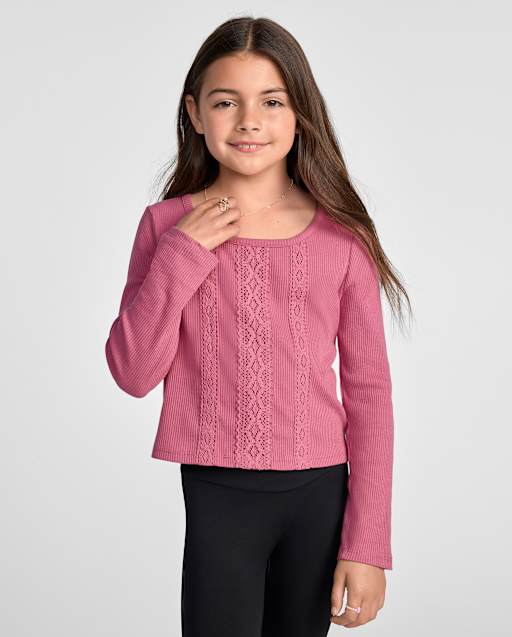 トップス moose's icy rib knit pink Girls Long Sleeve Crochet Lace Trim Ribbed Baby Tee - PINK | The