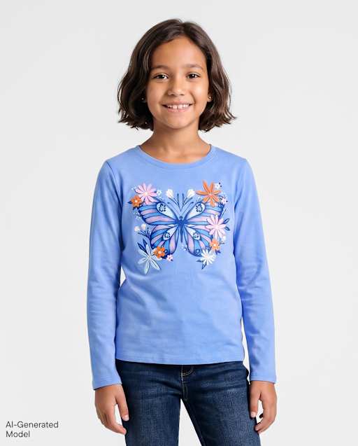 Girls Long Sleeve Butterfly Graphic Tee - BLUE | The Children's Place