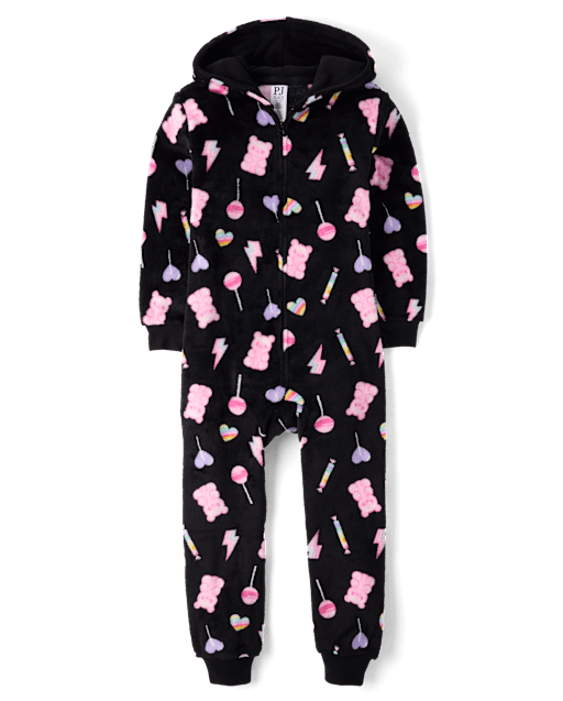 Girls Candy One Piece Pajamas - Cozy Fleece - BLACK | The