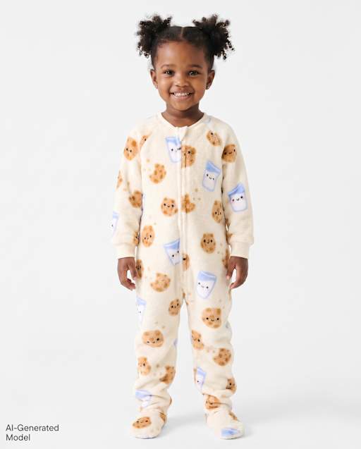 Baby And Toddler Milk And Cookies Footed One Piece Pajamas - Cozy Fleece - White