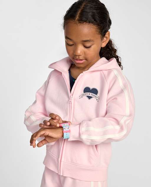 Girls Active Long Sleeve Graphic Side Stripe Premium Fleece Zip Up