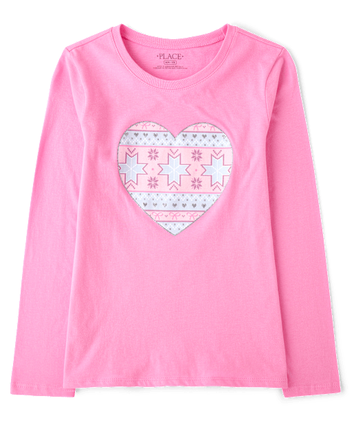 FACT GIRL Longsleeve Tee　XL Girls Long Sleeve Fairisle Heart Graphic Tee - PINK | The