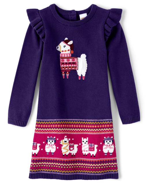 Girls Long Sleeve Llama Sweater Dress - Little Llamas - PURPLE