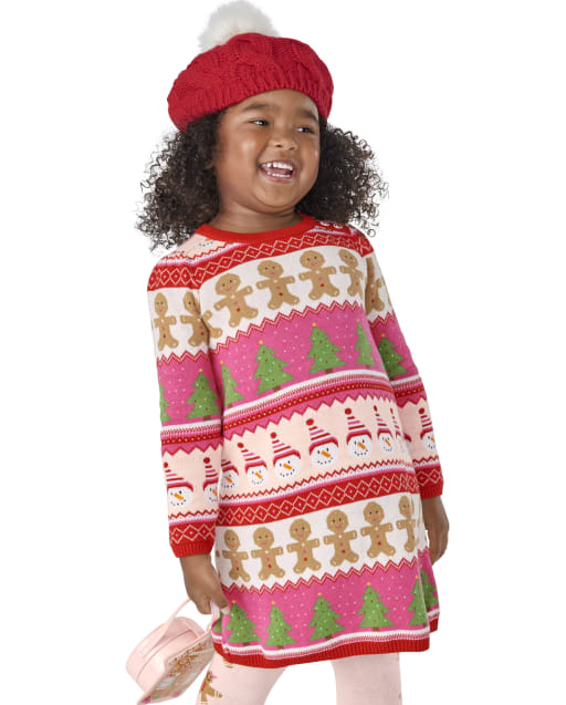 gingerbread christmas sweater dress Girls Long Sleeve Fairisle - Gingerbread House - PINK Sweet and spicy