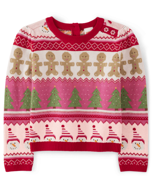 Girls Long Sleeve Intarsia Christmas Sweater - Gingerbread House
