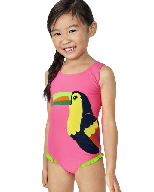 Girls Sleeveless Embroidered Toucan One Piece Swimsuit - Aloha