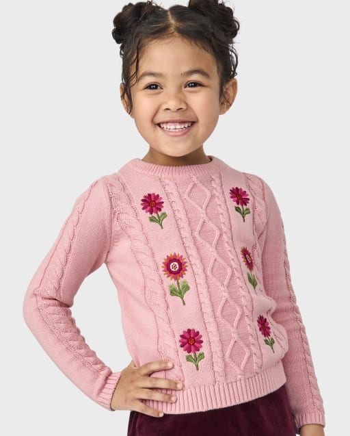 Girls Long Sleeve Embroidered Flower Cable Knit Sweater