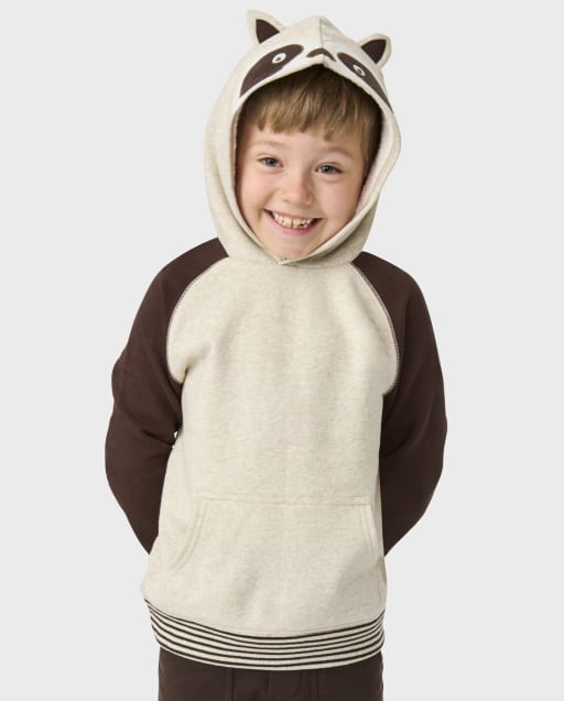 Boys Long Raglan Sleeve Embroidered Raccoon Fleece Hoodie
