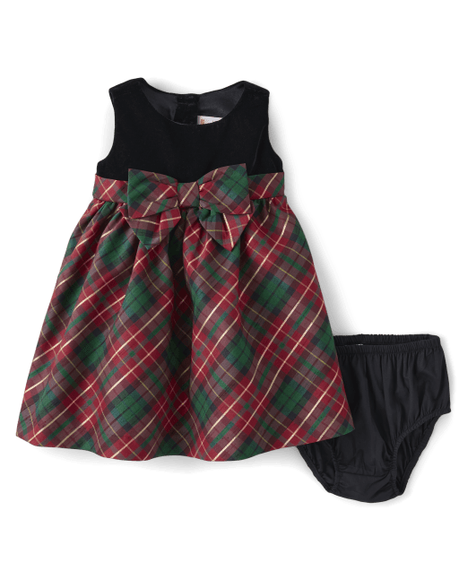 Baby Girls Matching Family Sleeveless Plaid Bow Woven Fit And Flare Dress - A Royal Christmas - BLACK