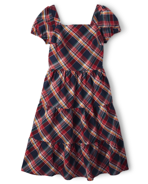 Womens Matching Family Short Puff Sleeve Plaid Poplin Woven Tiered