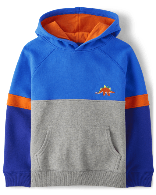 Boys Long Sleeve Embroidered Dino Colorblock Fleece Knit Hoodie