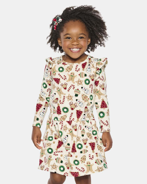 Girls Long Sleeve Christmas Cookies Knit Ruffle Dress - Christmas Cabin - WHITE