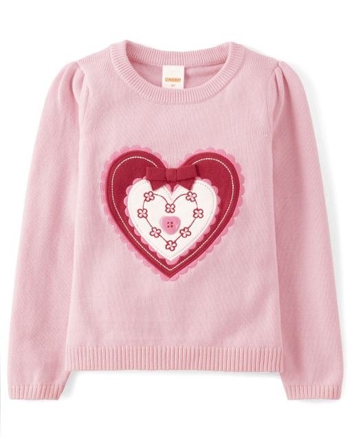 Girls Long Sleeve Lace Heart Sweater - Valentine Cutie - PINK