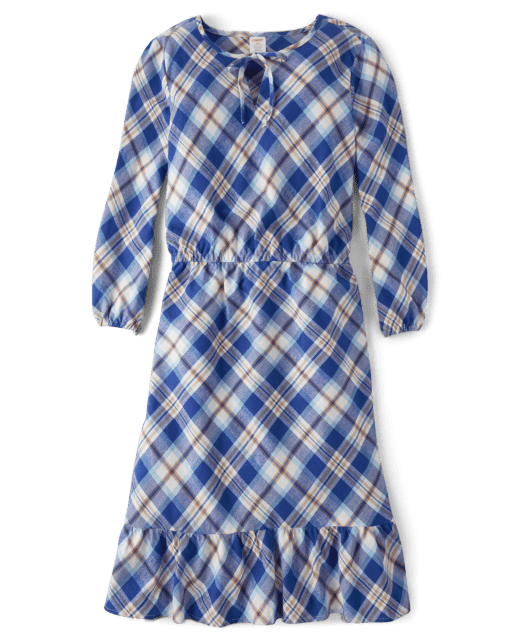 Womens Matching Family Long Sleeve Plaid Twill Woven Tiered Dress