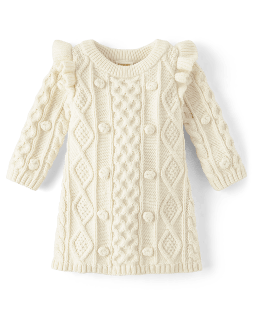 Baby Girls Matching Family Long Sleeve Cable Knit Sweater Dress - WHITE