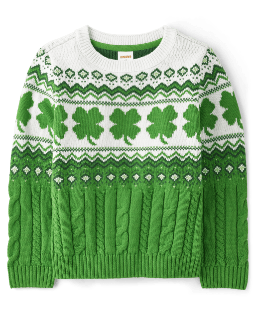 Boys Long Sleeve Shamrock Fairisle Cable Knit Sweater - Little