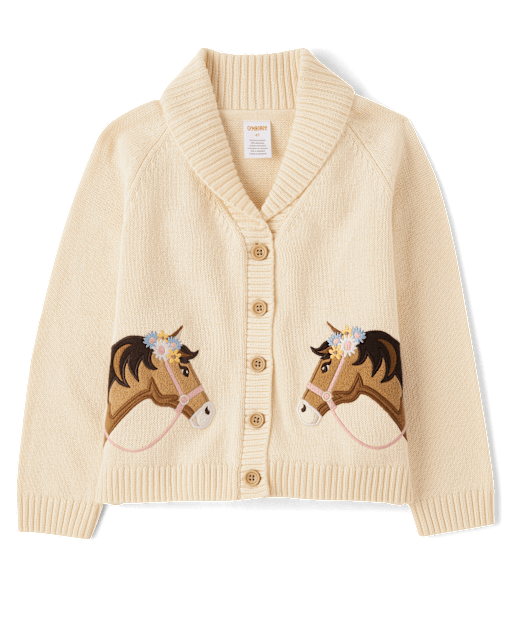 Girls Long Raglan Sleeve Embroidered Horse Shawl Cardigan