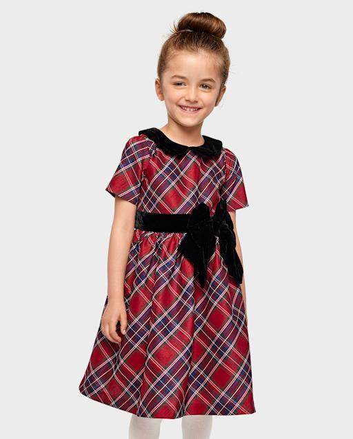 Girls Short Sleeve Plaid Bow Fit And Flare Dress - All Dressed Up