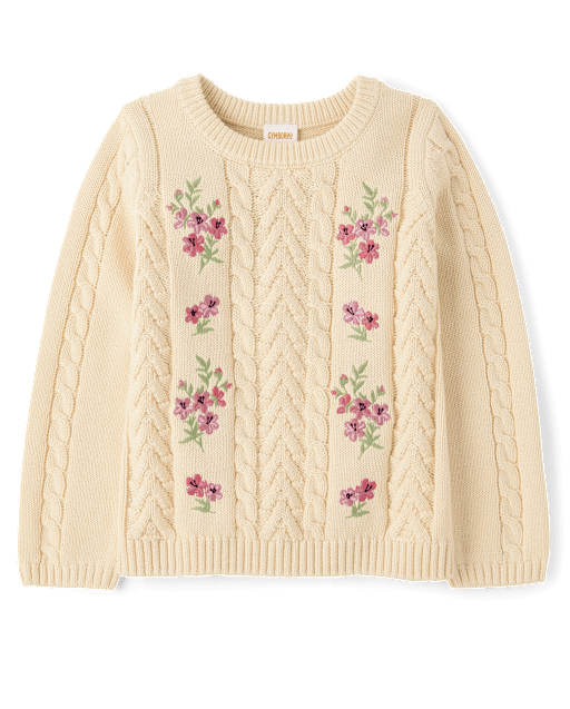 Girls Long Sleeve Embroidered Floral Cable Knit Sweater - Country