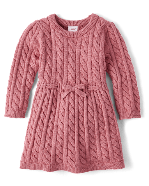 baby knit dress Girls Long Sleeve Cable Sweater - PINK color-fuchsia