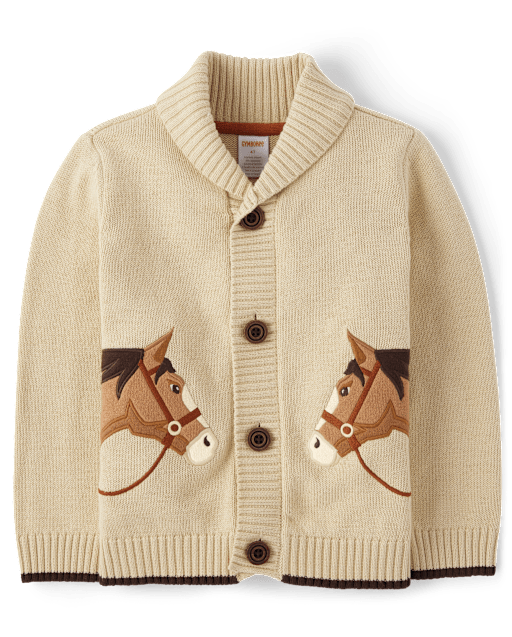 Boys Long Sleeve Embroidered Horse Shawl Collar Cardigan - Country
