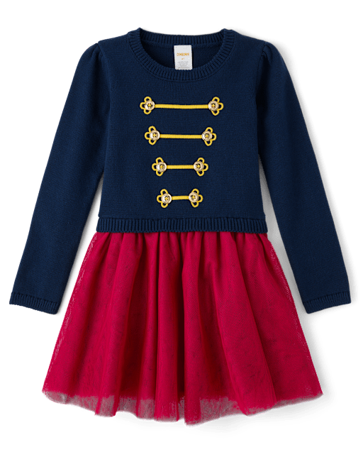 blue nutcracker dress Girls Long Sleeve Sweater - Holiday Express - Chambray dress
