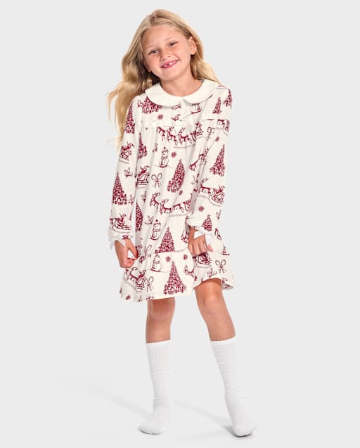 Girls Long Sleeve Christmas Toile Nightgown - Gymmies - WHITE