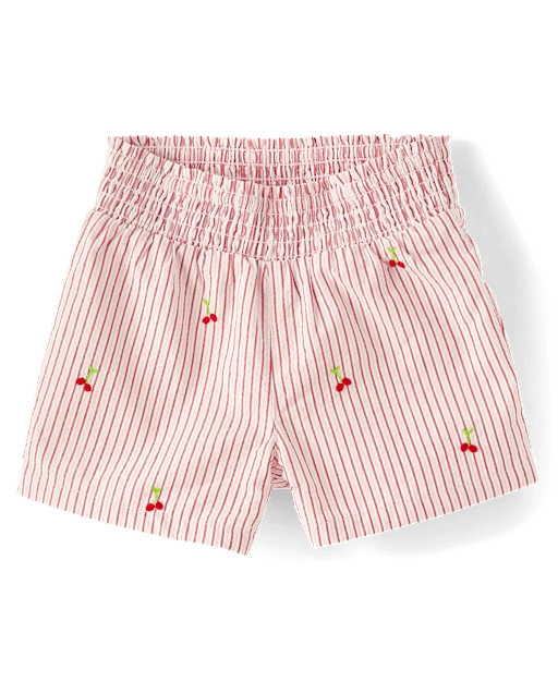 Girls Embroidered Cherry Seersucker Pull On Shorts - Sweet Summer