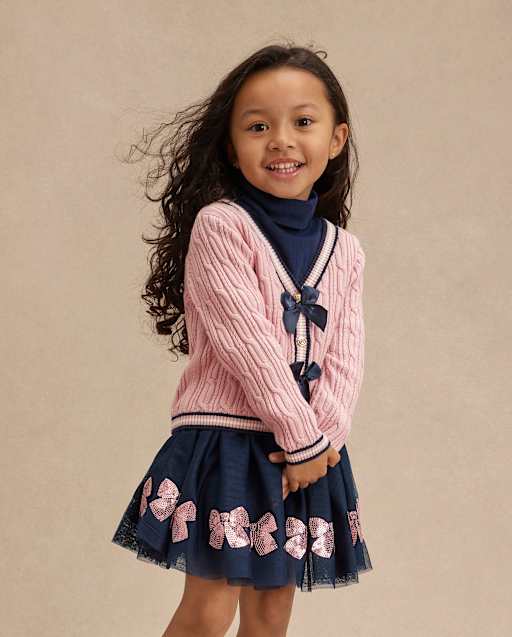 Girls Long Sleeve Cable Knit Bow Cardigan - Campus Cuties - PINK
