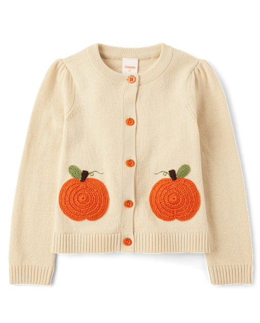 Girls Long Sleeve Crochet Pumpkin Cardigan - Fall Celebrations