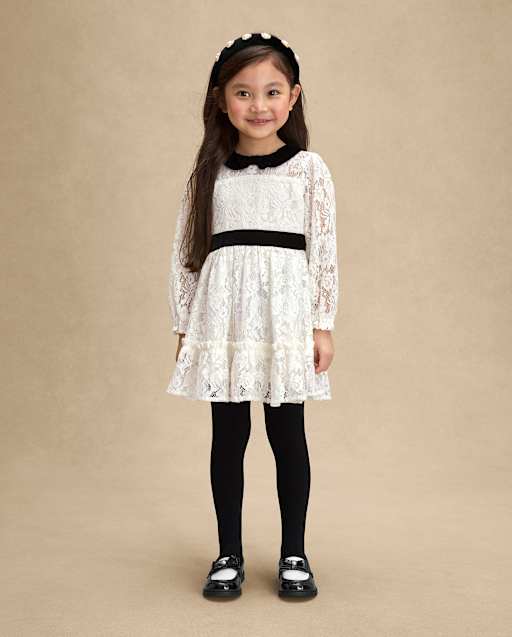 black and white dress girls Long Sleeve Contrast Lace Ruffle - Petit Paris - Made in USA