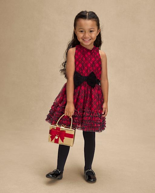 red and black dress for christmas Girls Sleeveless Plaid Ruffle Mesh Mock Neck - Royal - party christmas dress