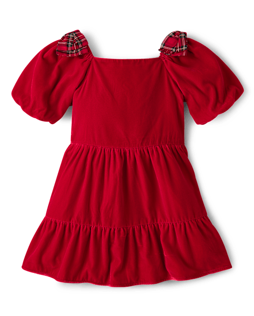 Girls Short Sleeve Plaid Bow Velvet Ruffle Dress - Royal Christmas - RED