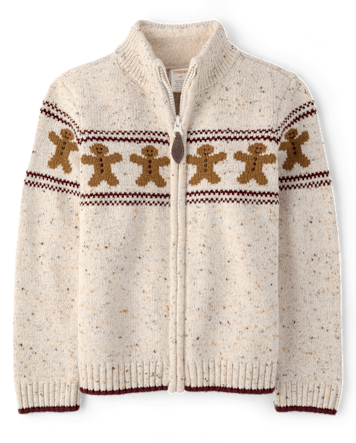 Boys Long Sleeve Intarsia Gingerbread Zip Up Jacket - Royal