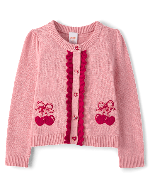 Girls Long Sleeve Cherry Heart Applique Cardigan - Mon Cheri