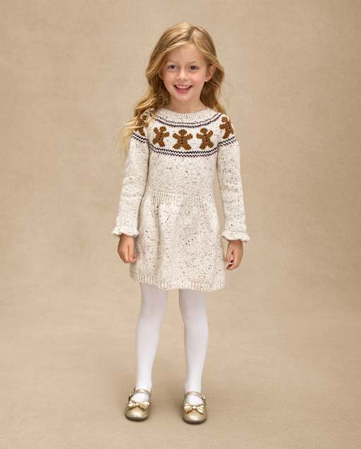 gingerbread christmas sweater dress Girls Long Raglan Sleeve Intarsia Ruffle - Royal - WHITE gingerbread girl dress clipart