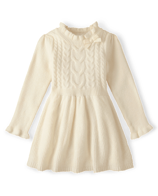 Girls Long Sleeve Cable Knit Mock Neck Sweater Dress - Royal Christmas - CREAM