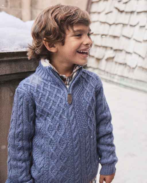 Boys Long Sleeve Patchwork Cable Knit Quarter Zip Sweater - BLUE