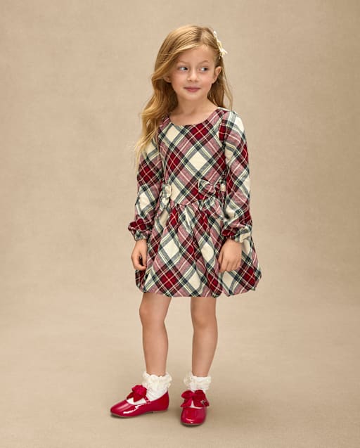 Gymboree | Girls | Plaid Bow Flannel Bubble Dress - Royal Christmas in Red | Size 8