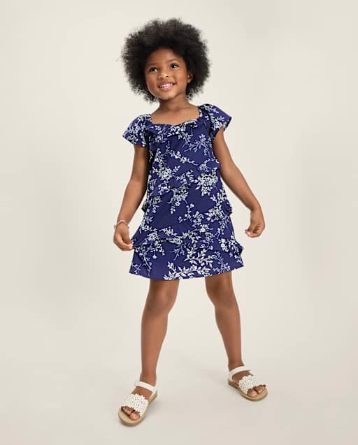 Girls Short Flutter Sleeve Floral Ruffle Dress - Driftwood Bay - BLUE