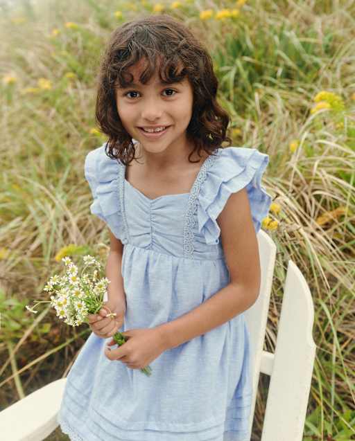 Girls Short Flutter Sleeve Linen-Blend Bow Back Dress - Linen Edit - BLUE