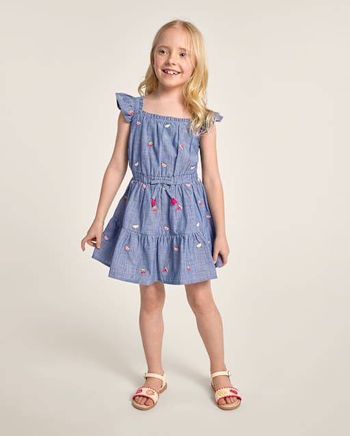 Girls Sleeveless Embroidered Fruit Chambray Ruffle Dress - Amalfi