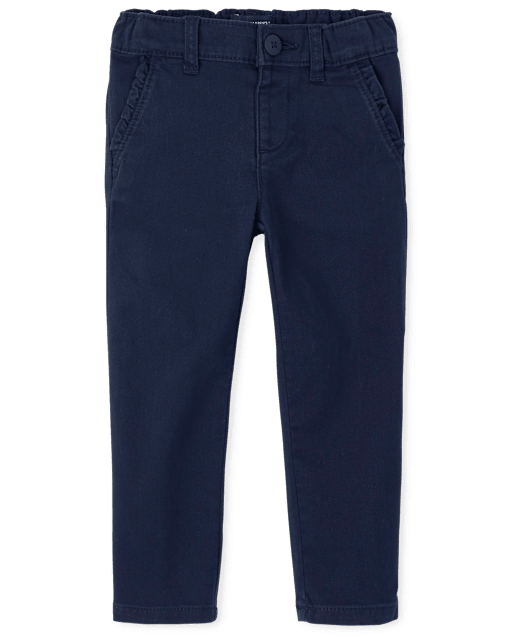 Toddler Girls Uniform Ruffle Twill Woven Skinny Chino Pants - BLUE