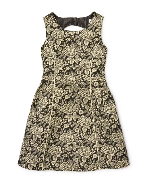 Girls Sleeveless Black And Gold Metallic Woven Jacquard Dress - BLACK