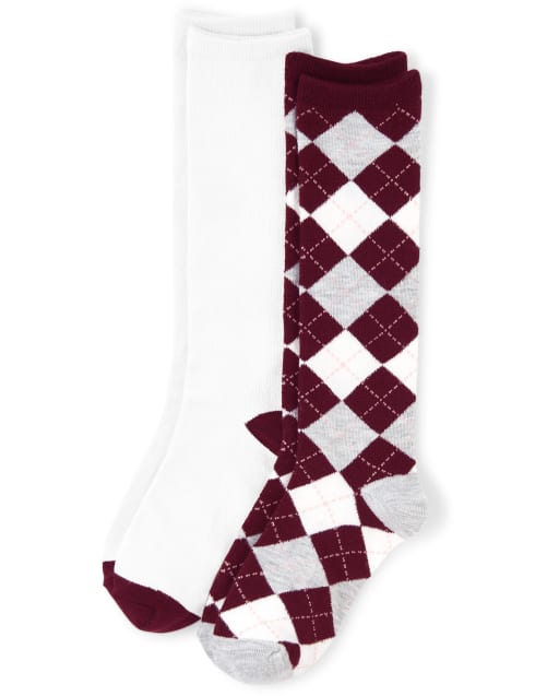 Girls Argyle Print Knee Socks 2-Pack - BURGUNDY