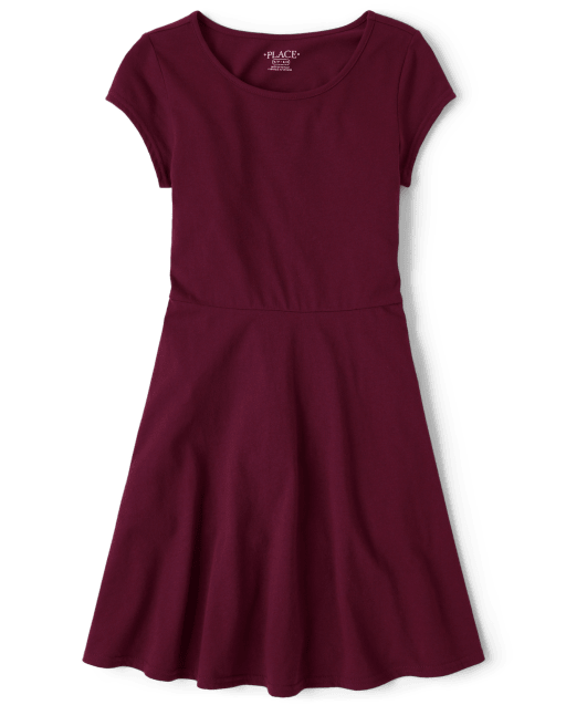 children's burgundy dresses Girls Uniform Short Sleeve Knit Skater Dress - burgundy flower girl dress