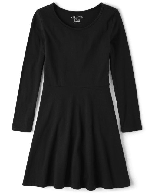 Girls Long Sleeve Knit Skater Dress - BLACK